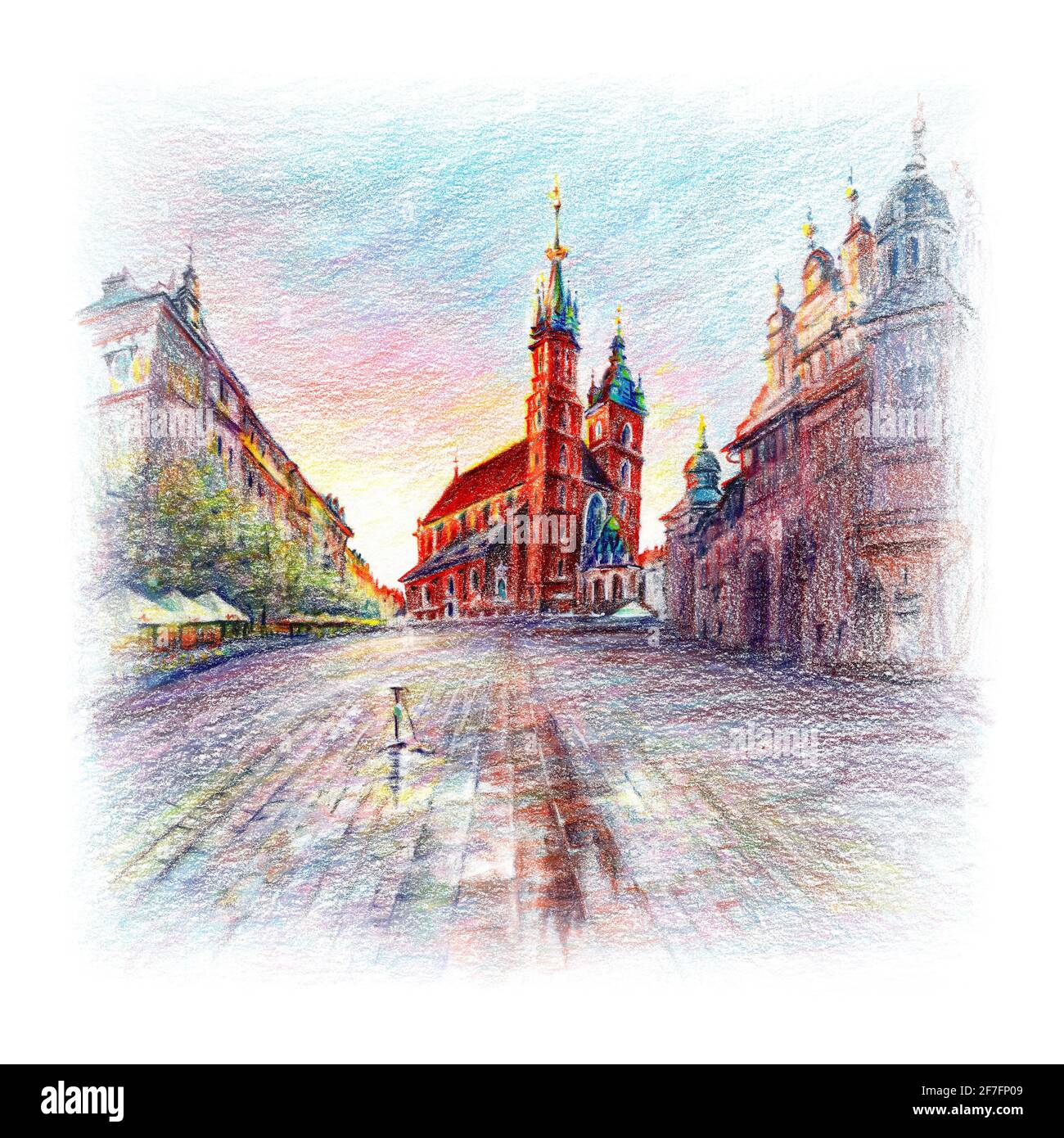 Crayons de couleur coplée croquis de la basilique Sainte-Marie sur la place médiévale du marché principal dans la vieille ville au lever du soleil, Cracovie, Pologne Banque D'Images