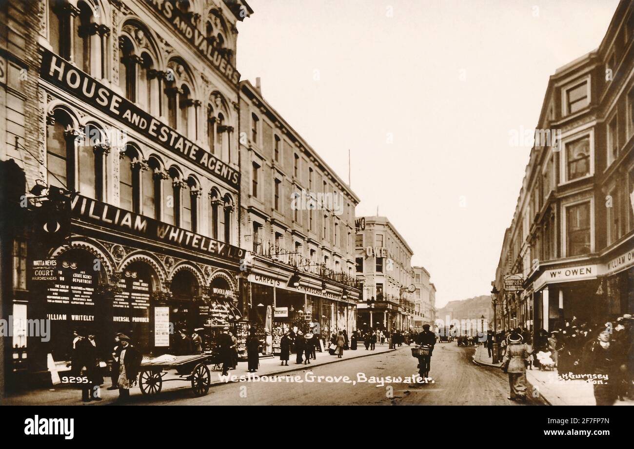 Carte postale d'époque édouardienne de Westbourne Grove, Bayswater, West London. Banque D'Images