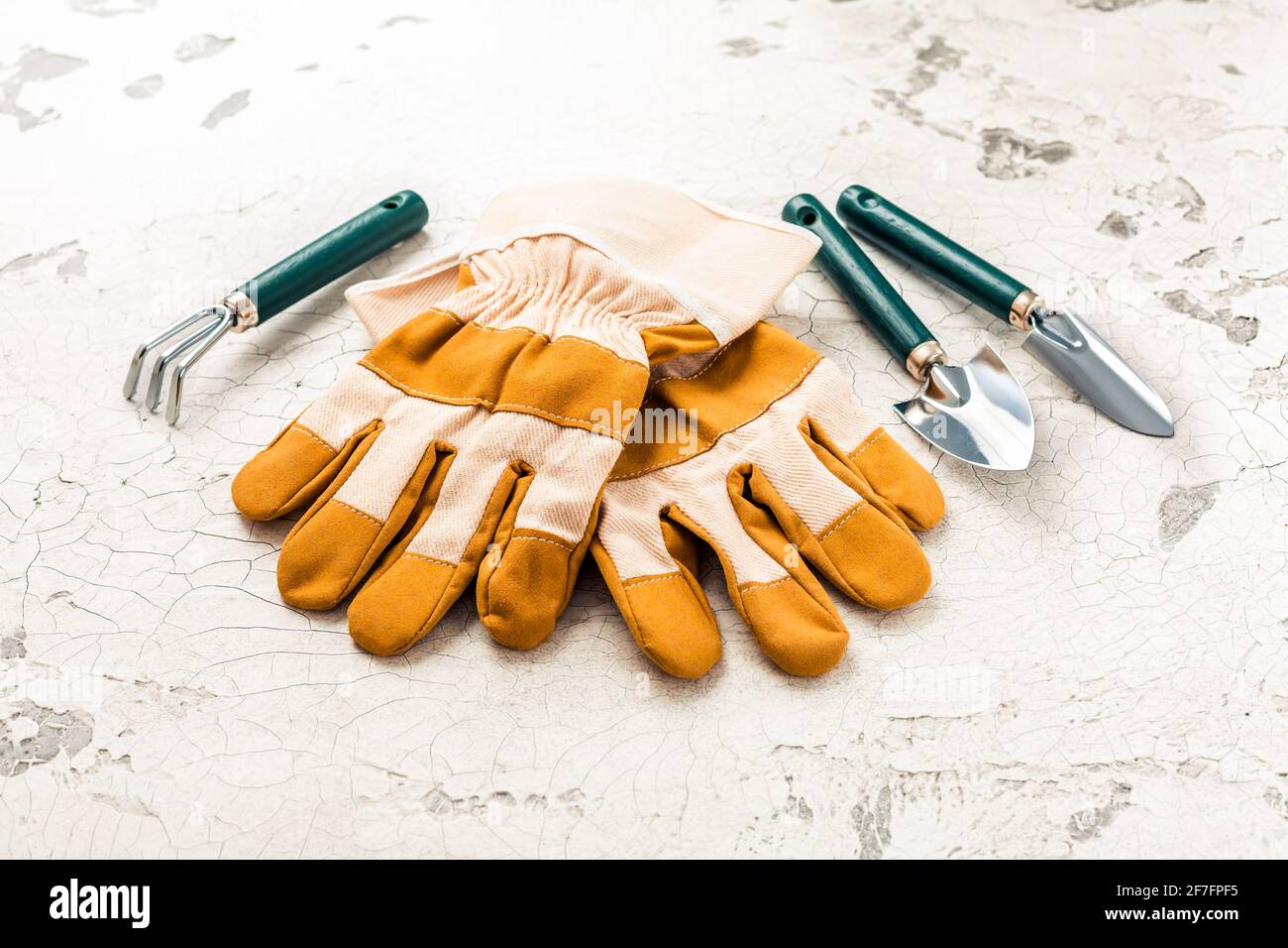 Gants de jardin et outils de jardinage sur une table de cuisine ancienne Banque D'Images