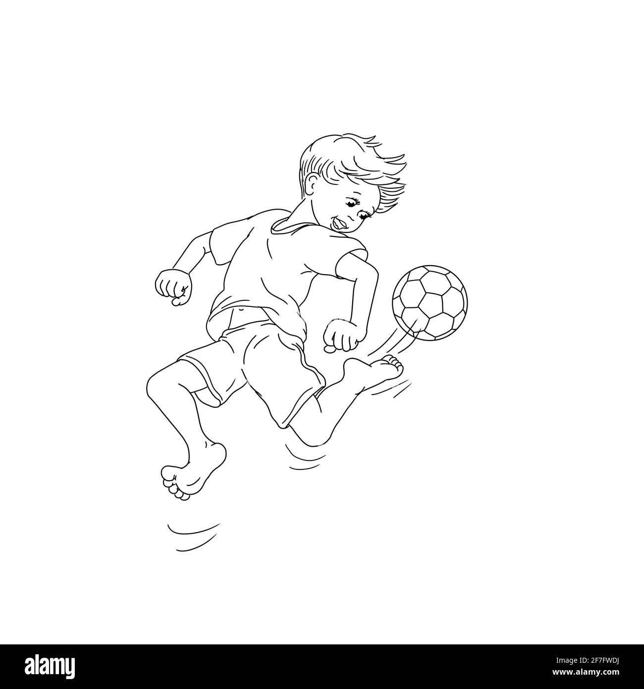 Un garçon de football jouant des sauts pieds nus donne un coup de pied à la balle de saut jeune club jeunes sport final Champions League enfant enfants table active mouvement de football Banque D'Images
