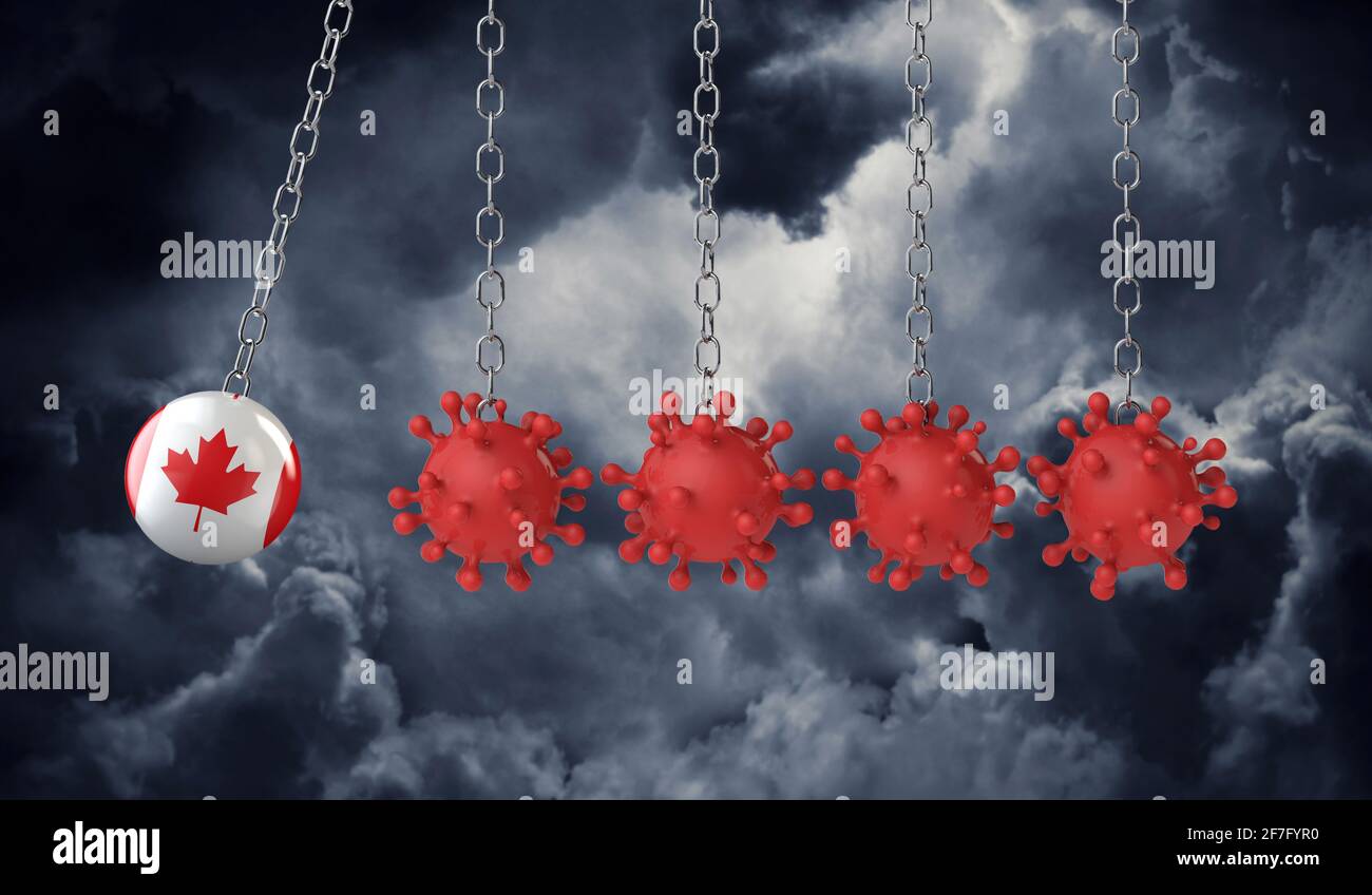 Le ballon du drapeau du Canada frappe une ligne de molécules de coronavirus. Rendu 3D Banque D'Images