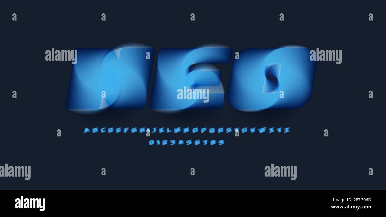 Alphabet magique 3D, entonnoir de torsion et de fusion, police tempête bleue pour logo, titre, monogramme, lettrage créatif, typographie et étiquette modernes Illustration de Vecteur