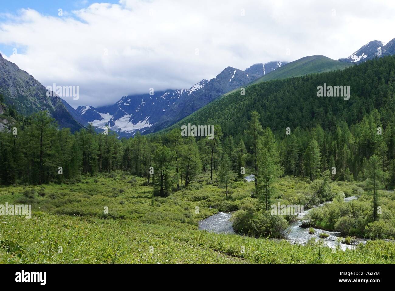rivière dans les montagnes en arrière-plan de pistes enneigées Banque D'Images