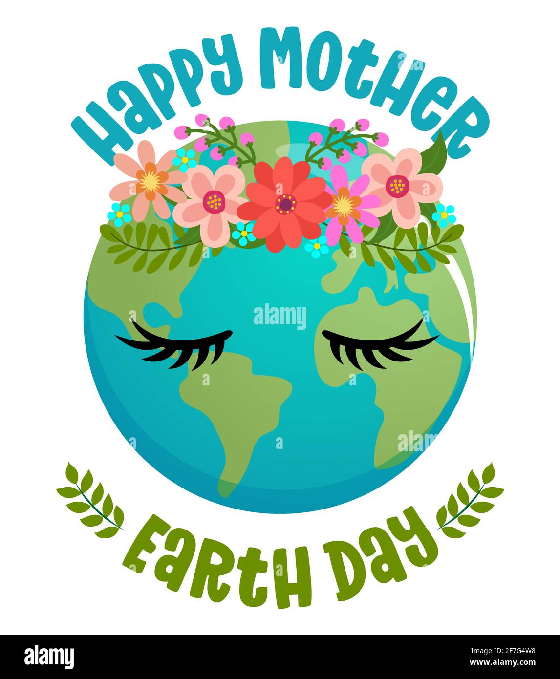 Happy Mother Earth Day - texte vectoriel citations et planète terre dessin avec couronne de fleurs. Affiche lettrage ou t-shirt motif graphique en tissu. Beau Illustration de Vecteur