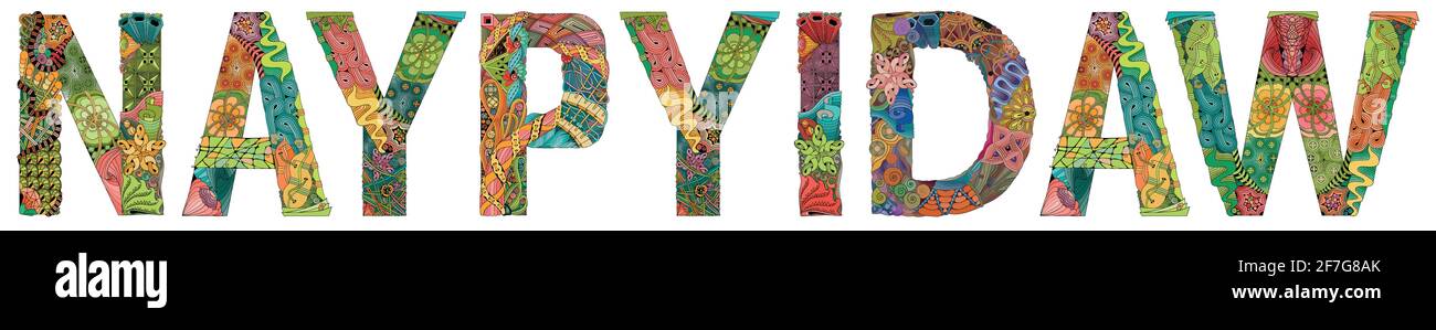 Décoration artistique peinte à la main. Illustration la ville de Naypyidaw est la capitale du Myanmar pour la conception de t-shirts, tatouage et autres décorations Illustration de Vecteur