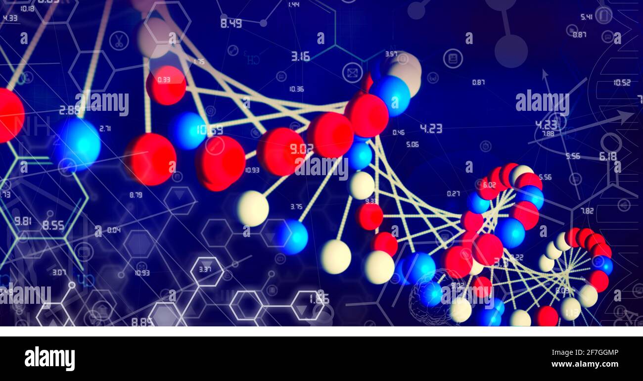 Image générée numériquement de la structure de l'adn et des structures chimiques contre arrière-plan bleu Banque D'Images