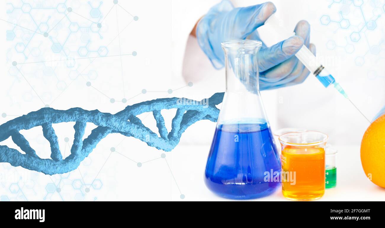 Médecin tenant la seringue et l'équipement de laboratoire contre les structures d'adn contre réseau de connexion Banque D'Images