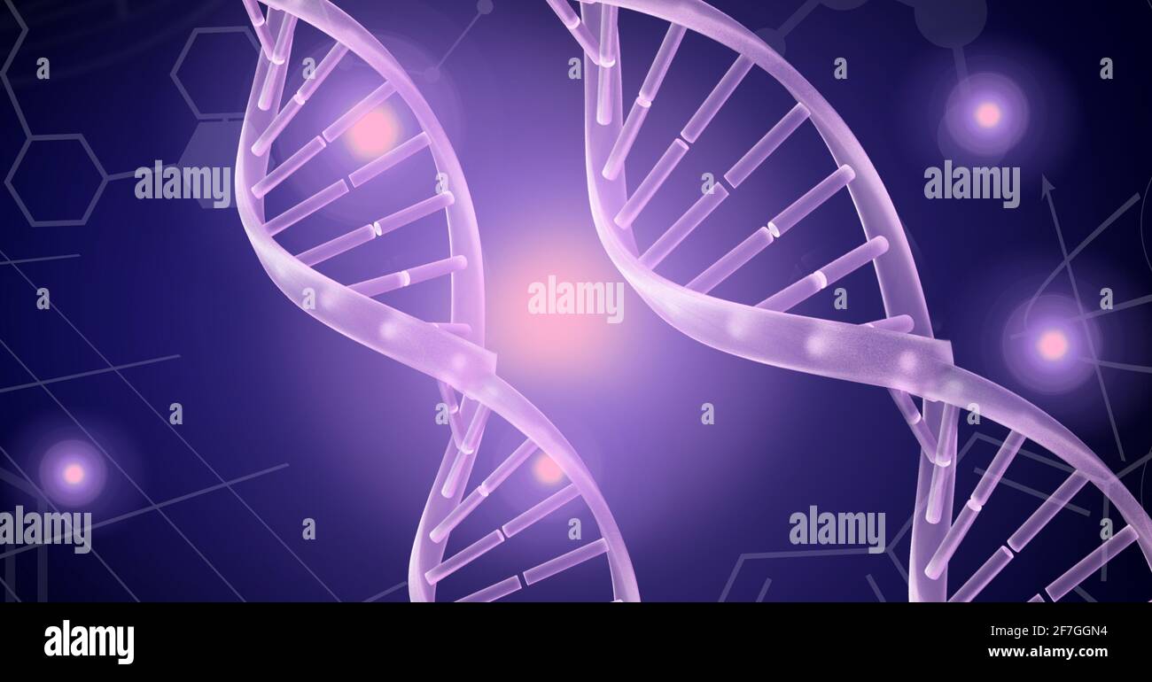 Structure de l'ADN et structures chimiques contre les taches de lumière arrière-plan violet Banque D'Images