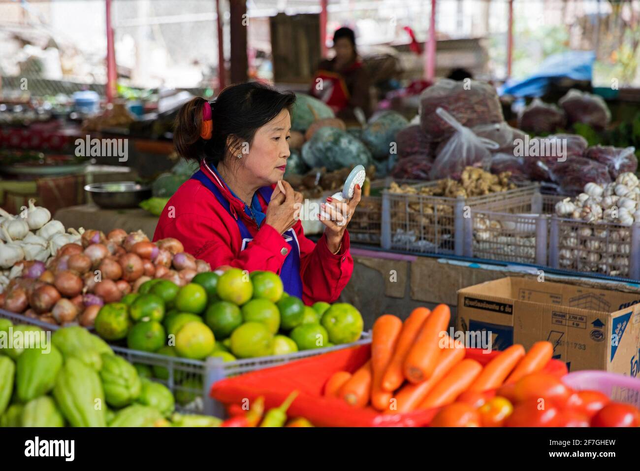 Laotienne vend des légumes sur le marché alimentaire du village Pak Beng, Oudomxay, Laos Banque D'Images