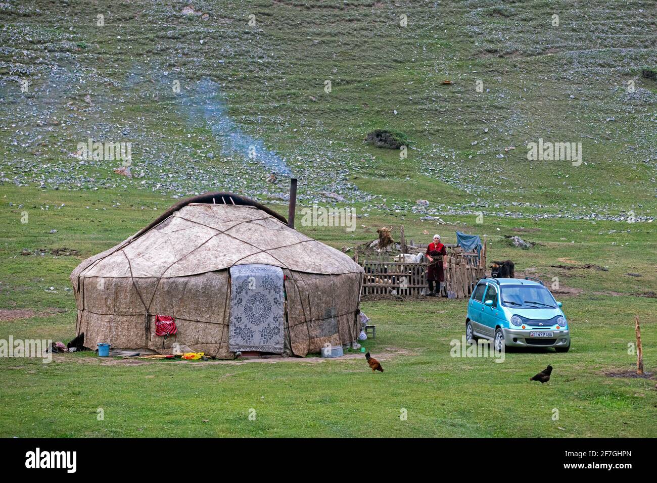 Yourte kirghize, demeure temporaire d'été nomade près de Sary-Tash, dans la vallée d'Alay, dans la région d'Osh, au Kirghizistan Banque D'Images