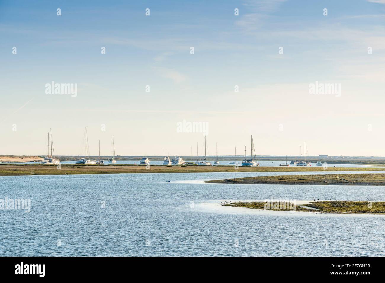 Voiliers et yachts amarrés sur les terres humides de Ria Formosa à Faro, Algarve, sud du Portugal Banque D'Images