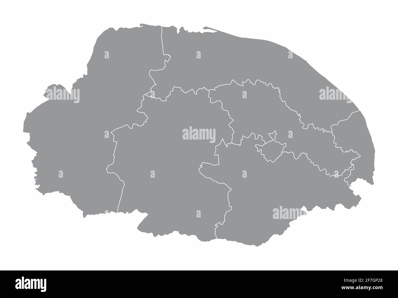 La carte isolée du comté de Norfolk est divisée en districts, Royaume-Uni Illustration de Vecteur