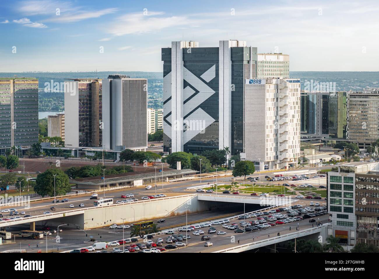 Vue aérienne du bâtiment du siège de Brasilia et de Banco do Brasil et du secteur bancaire du Sud - Brasilia, Distrito Feder Banque D'Images