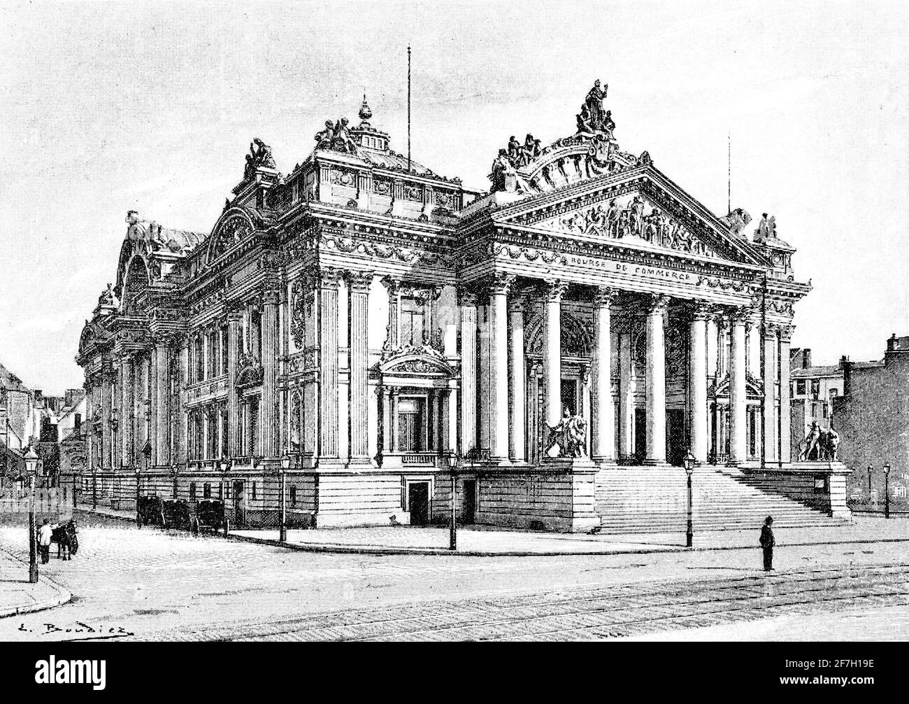 Vue de face de la Bourse de Bruxelles, érigée de 1868 à 1873 à la place de la Bourse/Beursplein, Bruxelles, Belgique, Europe Banque D'Images