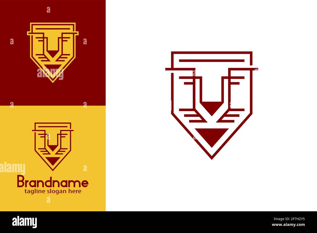 Logo Lion de protection du visage. Motif lion style art avec motif en forme de bouclier. Design moderne et original. Illustration de Vecteur