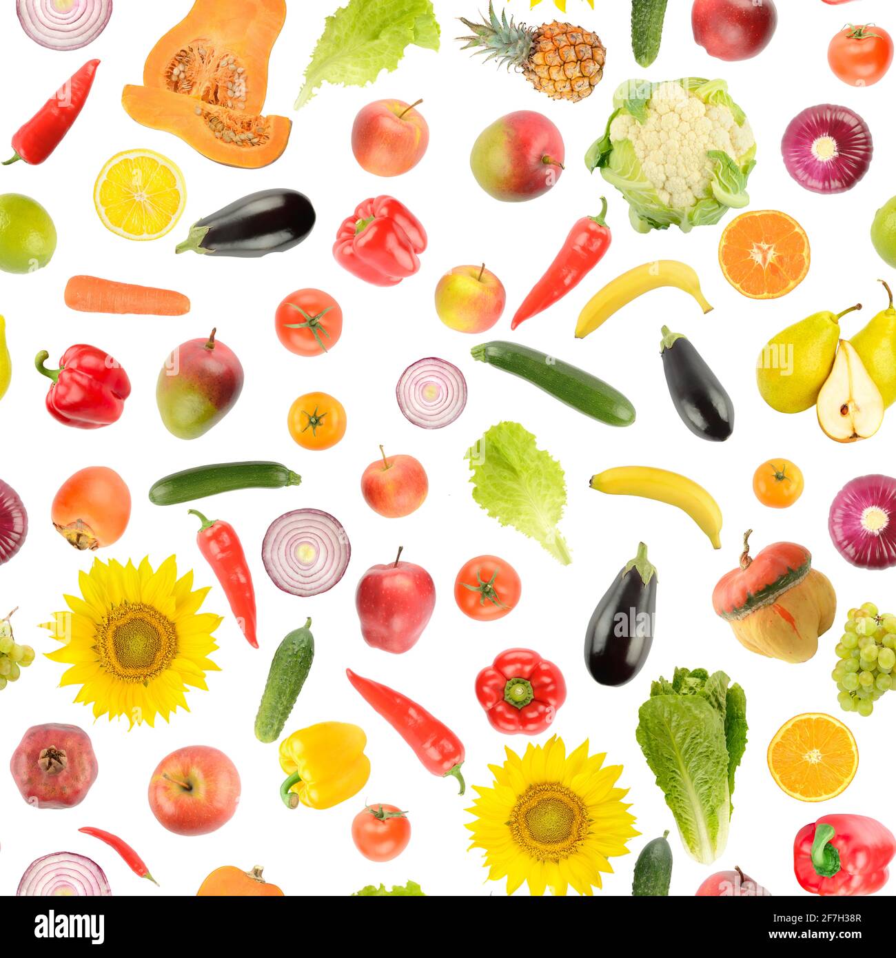 Grand ensemble carré de légumes et de fruits isolés sur fond blanc. Texture sans couture. Banque D'Images