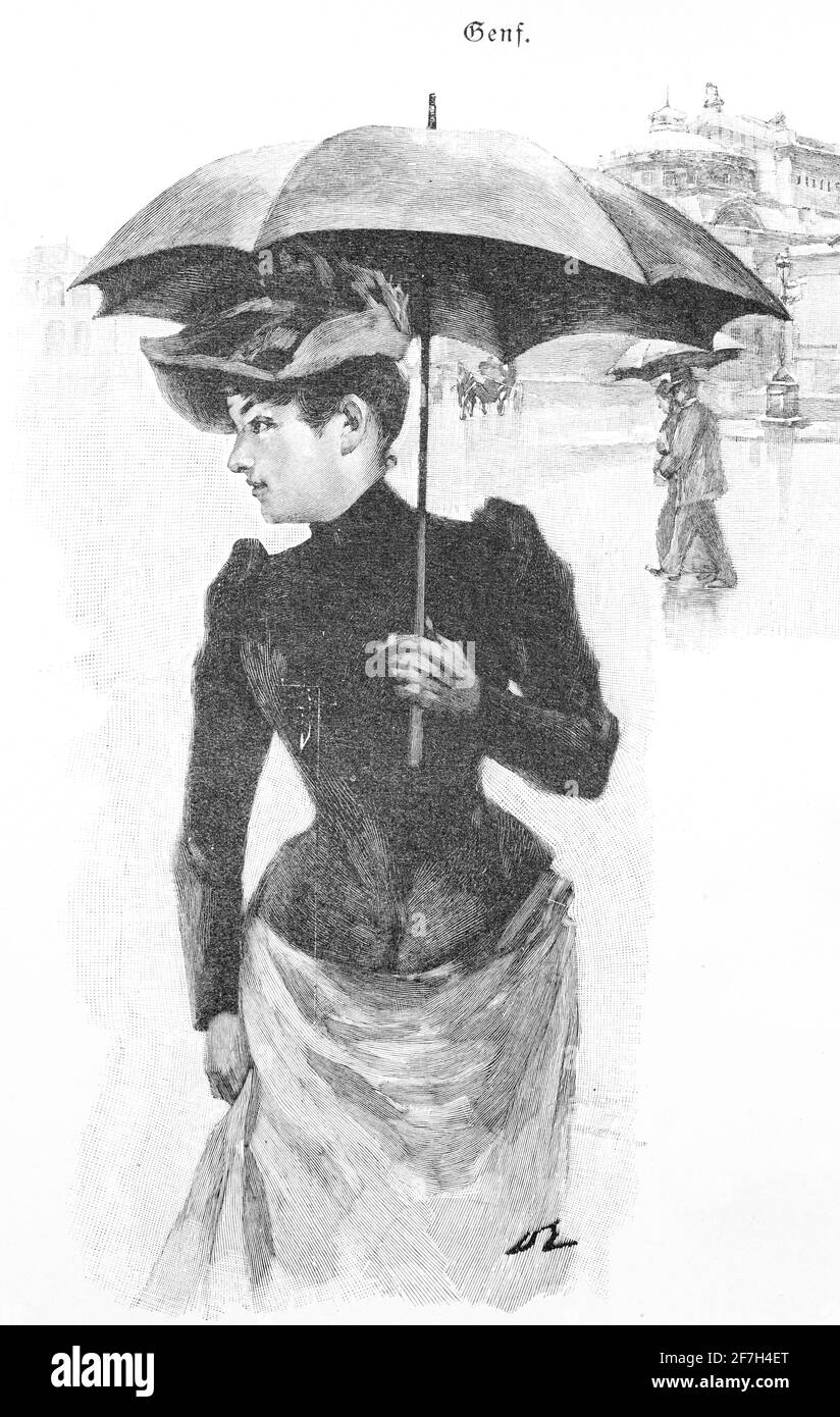 Une jeune femme genevan moderne dans sa robe de dimanche marchant avec un parasol, Genève, Suisse Banque D'Images Une jeune femme genevan moderne dans sa robe de dimanche marchant avec un parasol, Genève, Suisse Banque D'Images