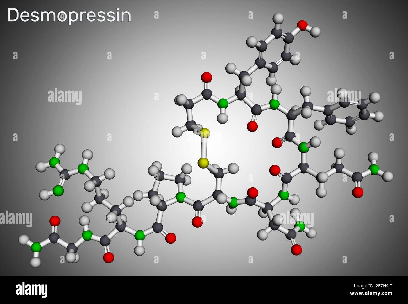 Desmopressine, desmopressine, molécule de desmopressinum. Il s'agit d'un médicament antidiurétique peptidique, analogue synthétique de la vasopressine. Modèle moléculaire. Rendu 3D Banque D'Images