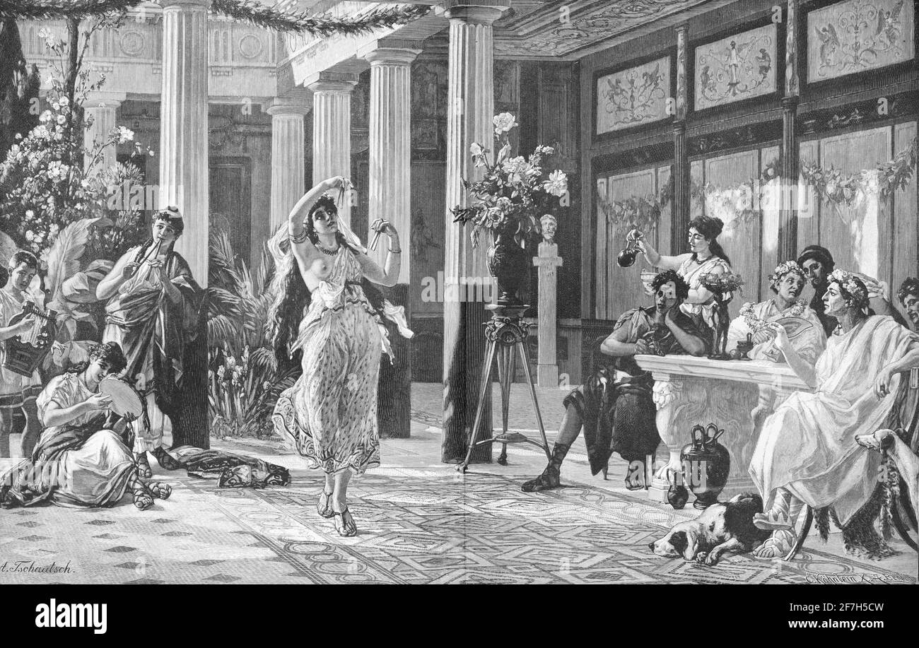 Le temps de léure dans une riche maison romaine avec de la musique, de la nourriture et des boissons et une danseuse, Rome, Italie, Europe du Sud Banque D'Images