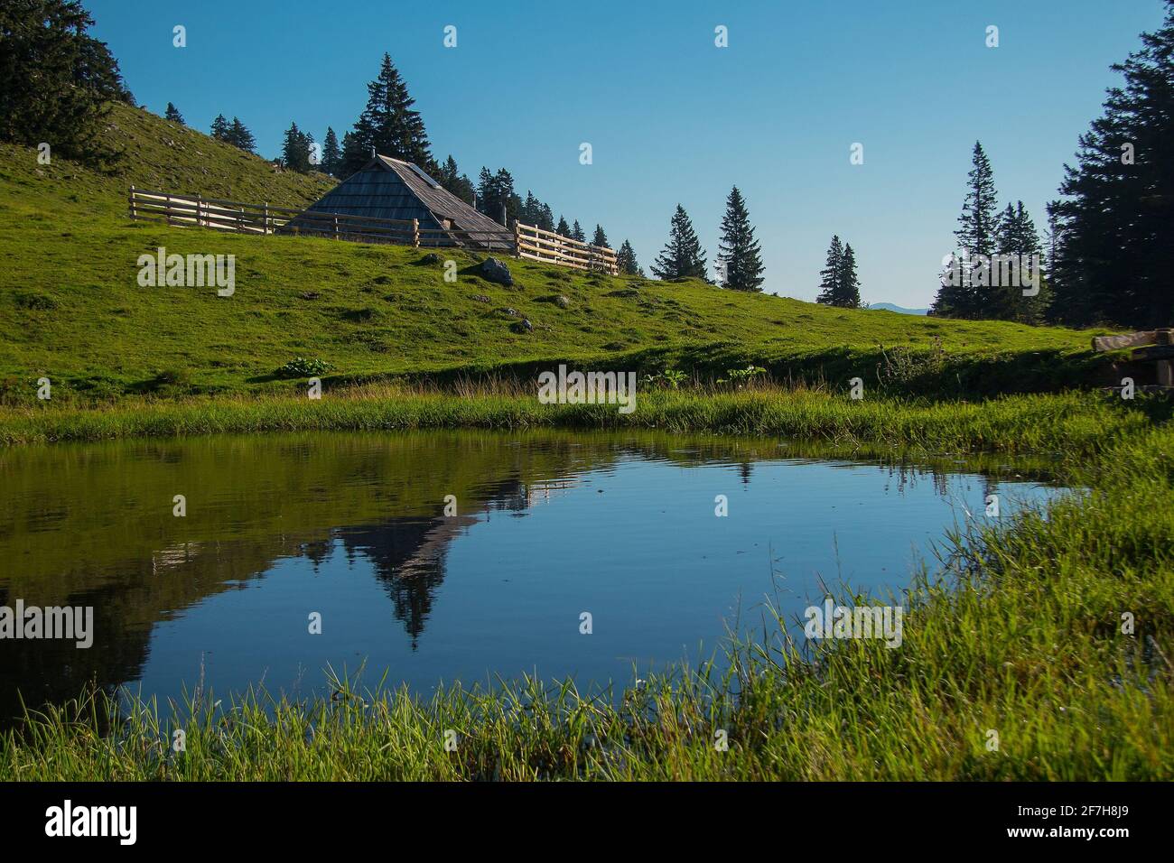 Panorama de maisons ou chalets en bois typiques sur la Velika planina ou Mala Planina plateau en Slovénie sur un chaud jour d'été ensoleillé avec une małopolskie bleu clair Banque D'Images