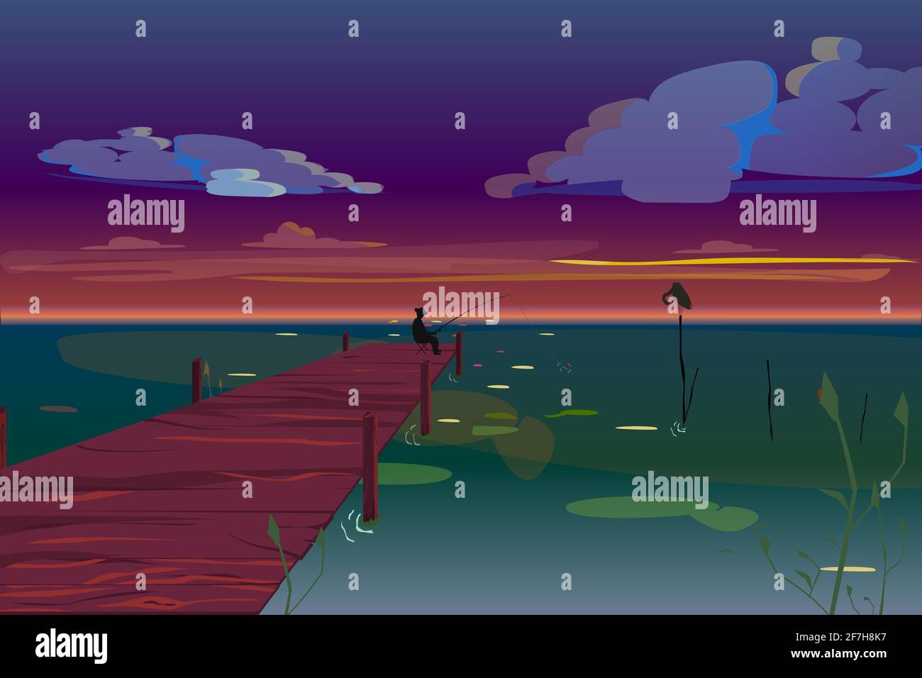 Un pêcheur s'assoit dans la nuit sur la jetée et les poissons. Illustration de Vecteur