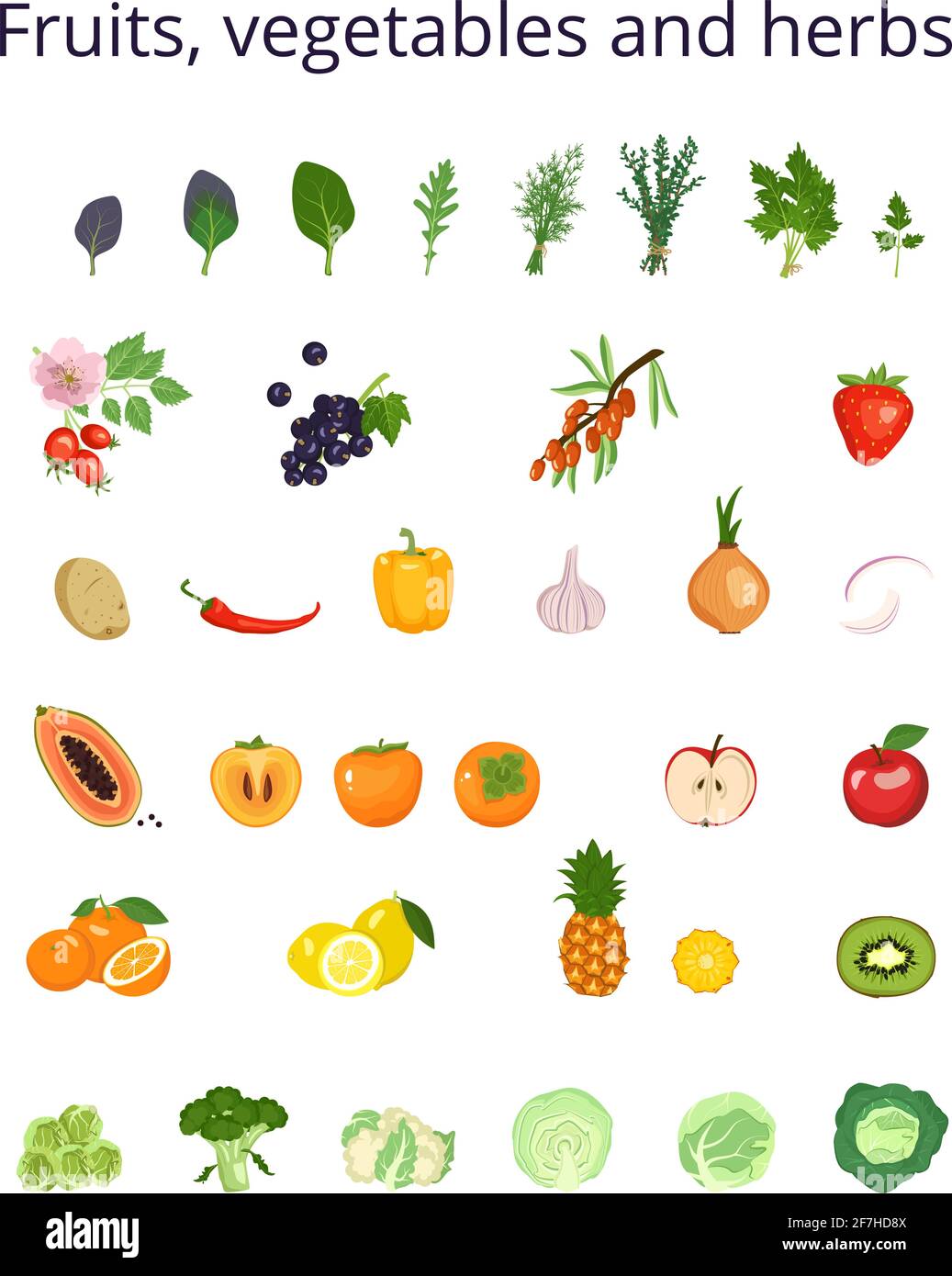 Ensemble d'icônes légumes, fruits et herbes pour la salade. Ingrédients pour les plats végétariens. Un mode de vie sain. Source de vitamine C Illustration de Vecteur