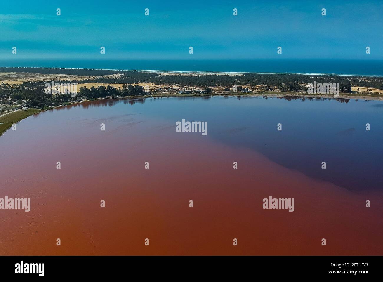 Vue aérienne du lac Rose ou du lac Retba au Sénégal. Lac rose avec beauté naturelle et couleurs riches par temps ensoleillé. Vue sur la côte du lac et l'atlantique Banque D'Images
