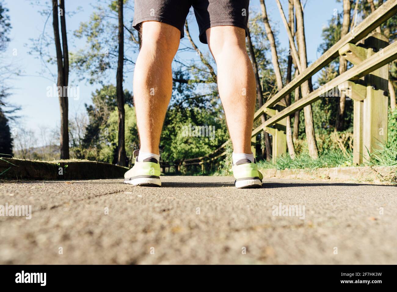 Vue arrière des jambes et des baskets d'un coureur le chemin d'un parc conçu pour le concept de point de course soins personnels en cours d'exécution Banque D'Images