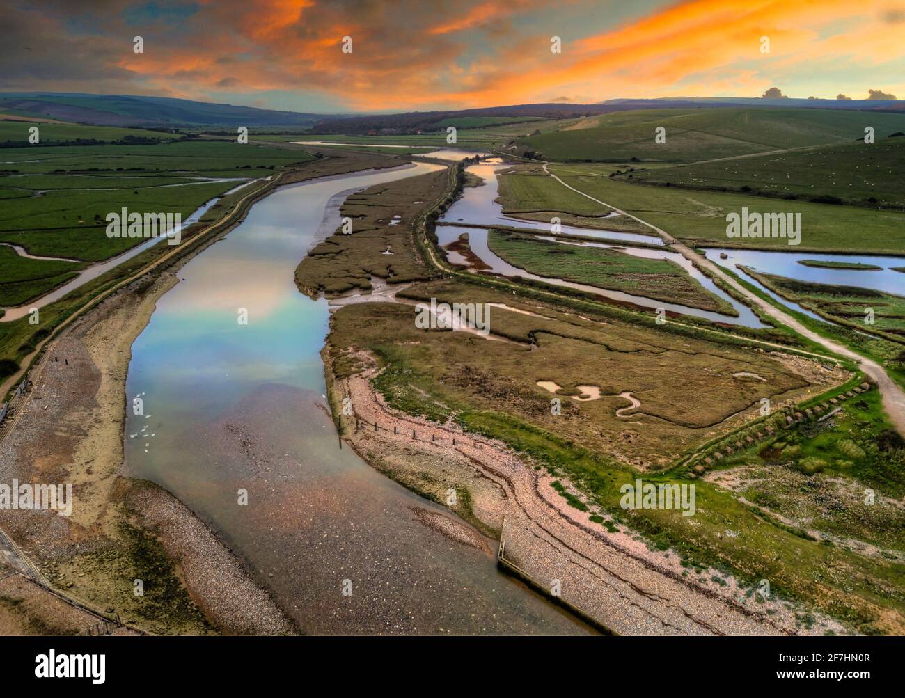 Vue aérienne de la vallée de Cuckmere, East Sussex, Royaume-Uni Banque D'Images