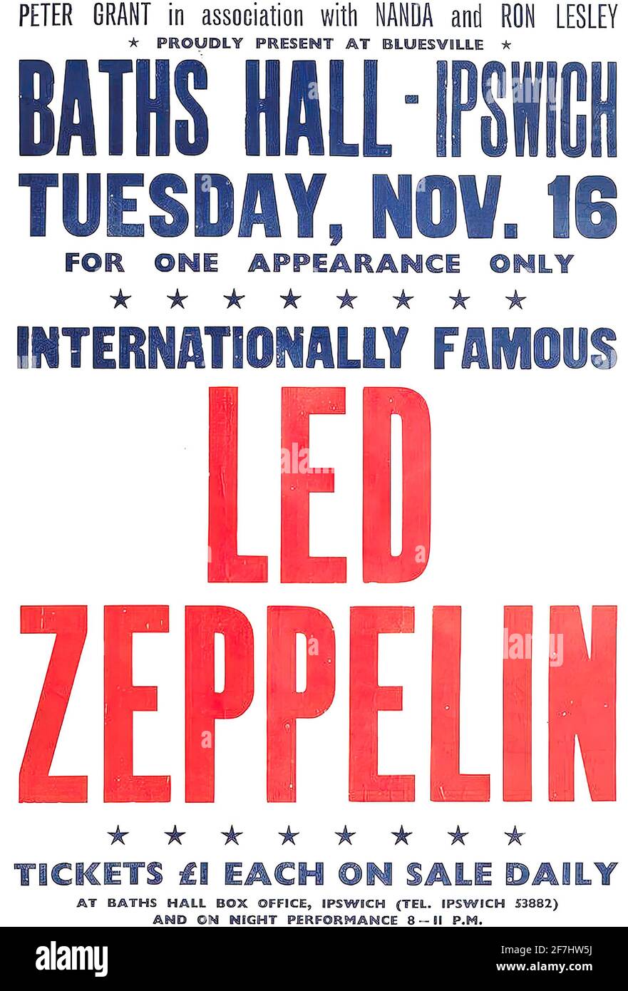 Une affiche de musique vintage pour un concert LED Zeppelin à Salle de bains à Ipswich Banque D'Images