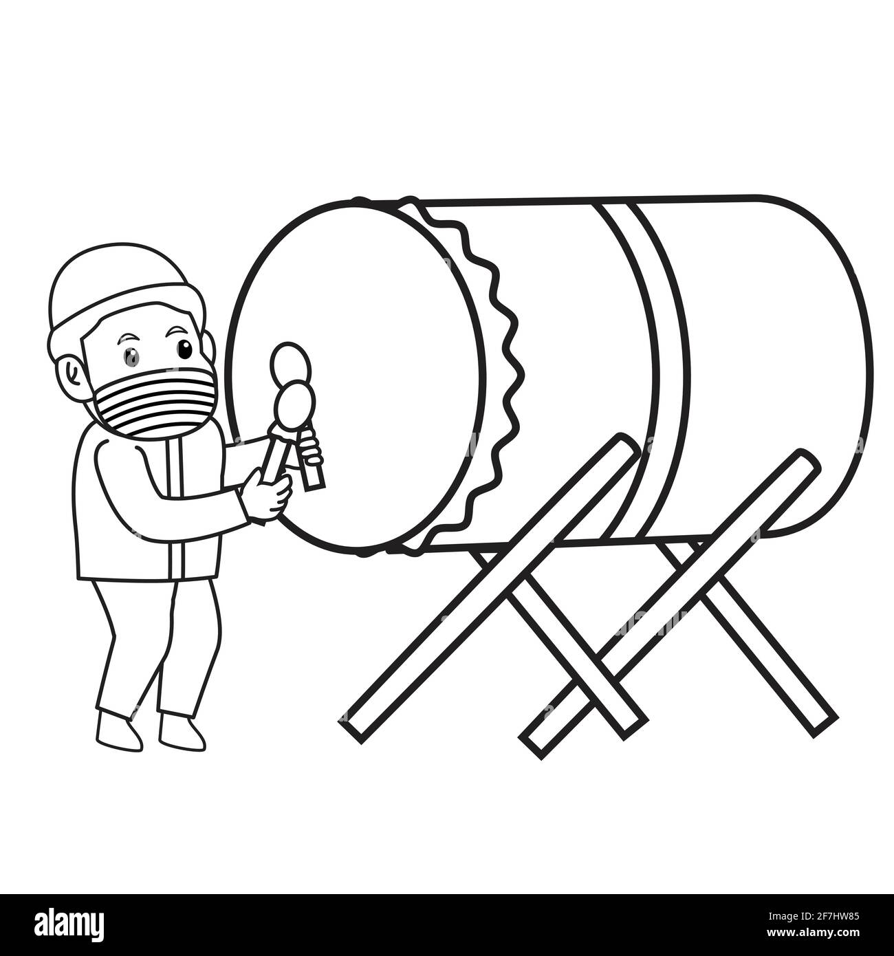 Garçons musulmans frappant bedug tambour musulman traditionnel de l'asie , mois du ramadan, en utilisant le masque et protocole sain.Illustration du personnage vectoriel. Illustration de Vecteur