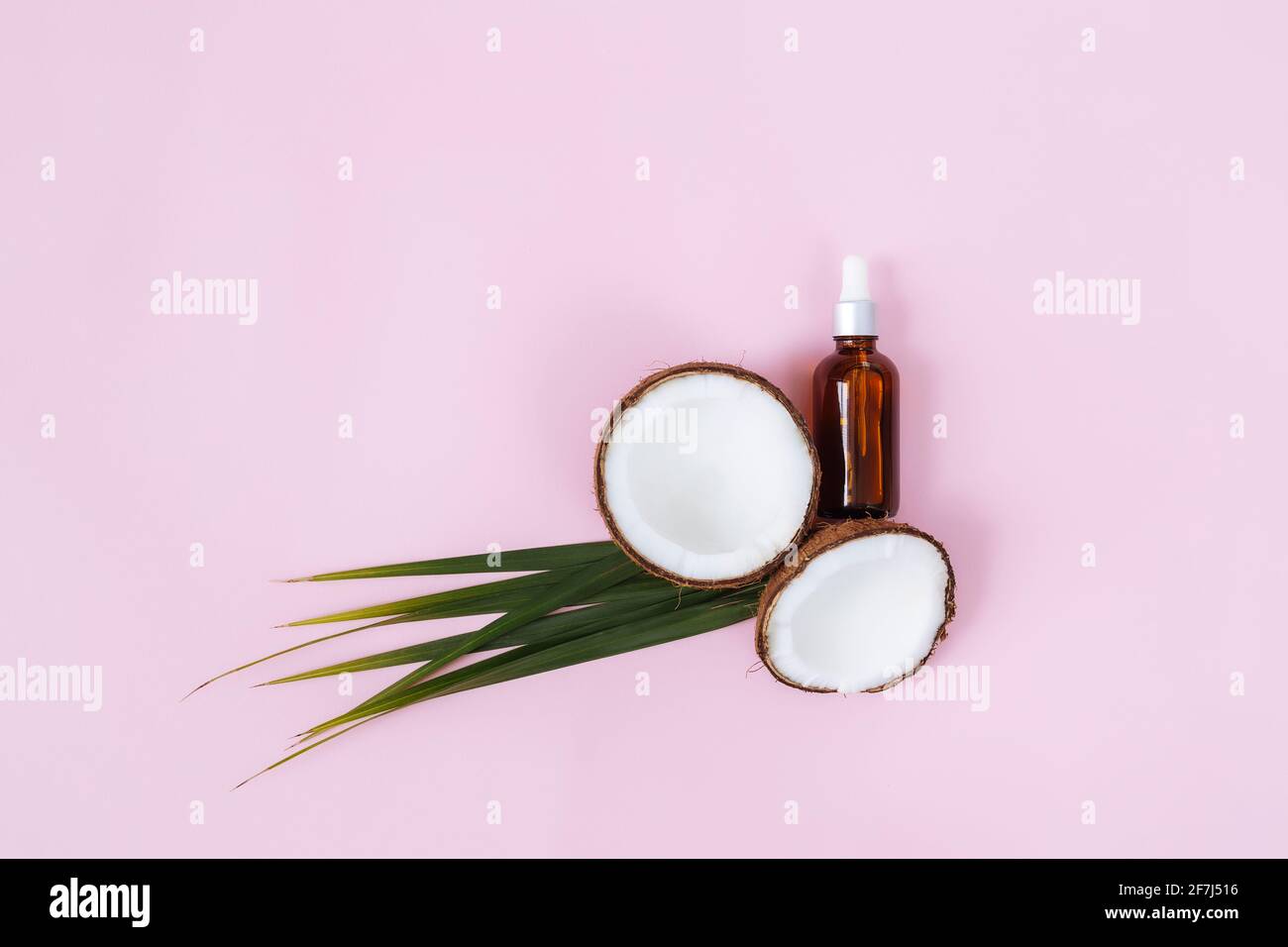 Flat Lay avec des moitiés coupées de noix de coco et de feuille de palmier vert, bouteille en verre avec huile essintial sur fond rose pastel. Fruits exotiques. Photo de haute qualité Banque D'Images