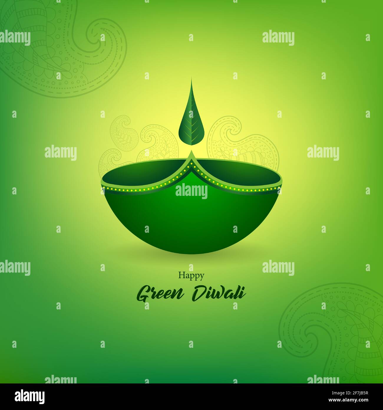 Banderole à motif diwali vert heureux avec motif diya, feuille et cachemire vert sur fond verdâtre. Illustration de Vecteur