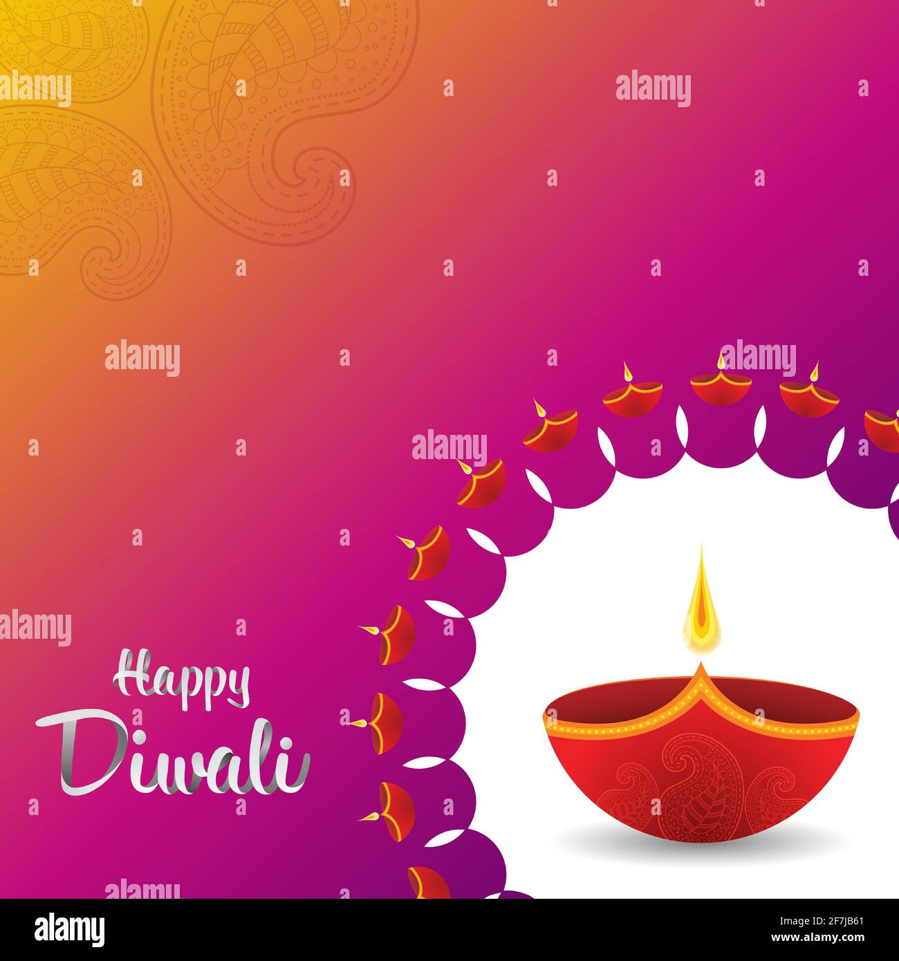 Bannière du festival Diwali avec Diya, Paisley Design et texte 3D sur fond violet. Illustration de Vecteur
