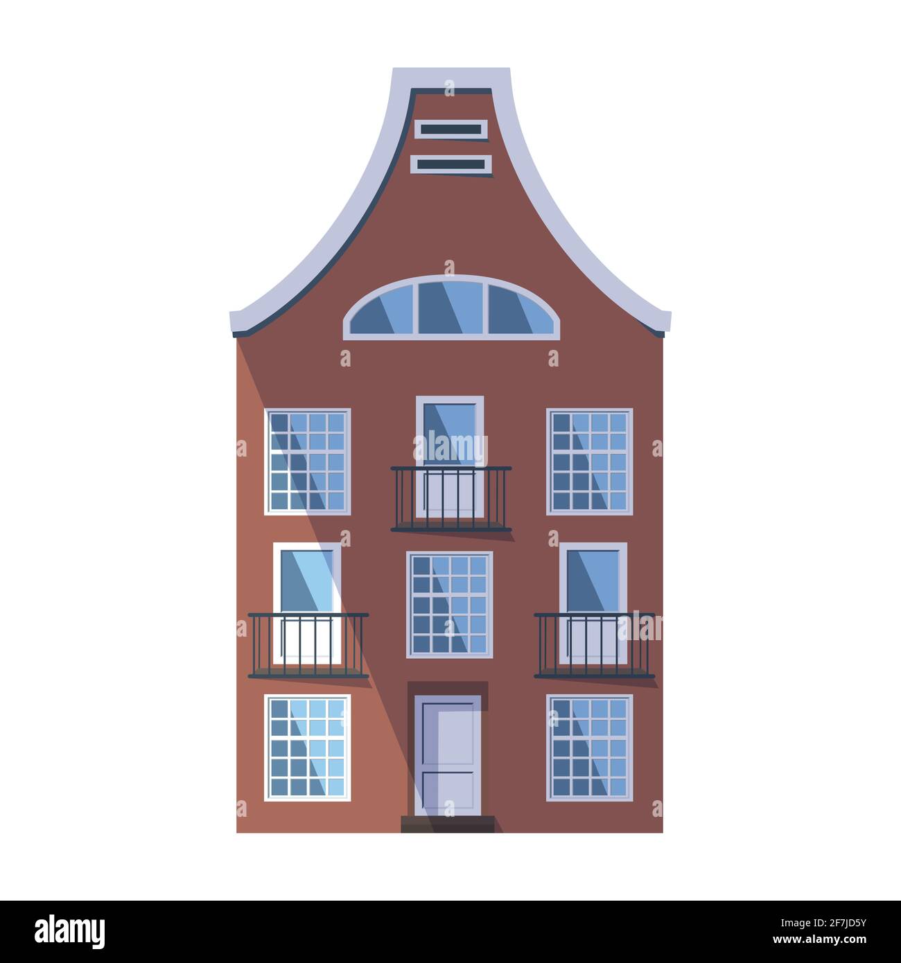 Ancienne maison marron européenne dans le style traditionnel de la ville hollandaise avec un toit double, des fenêtres rondes mansardées et des balcons. Illustration vectorielle dans le Illustration de Vecteur