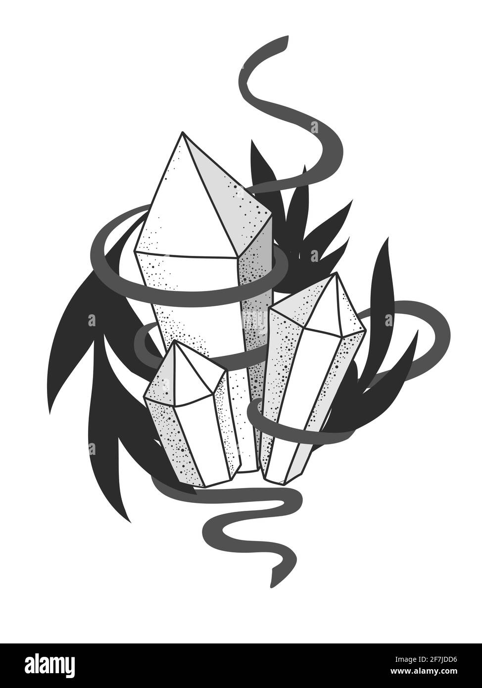 Cristaux magiques noirs et blancs dessinés à la main avec des feuilles et du ruban. Illustration du vecteur sorcellerie ésotérique. Illustration de Vecteur