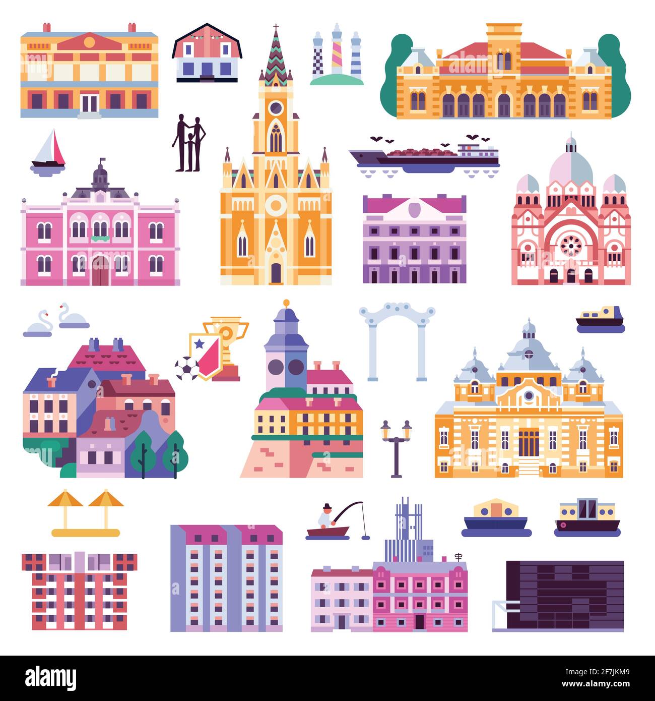 Novi Sad icônes de la vieille ville à plat Illustration de Vecteur