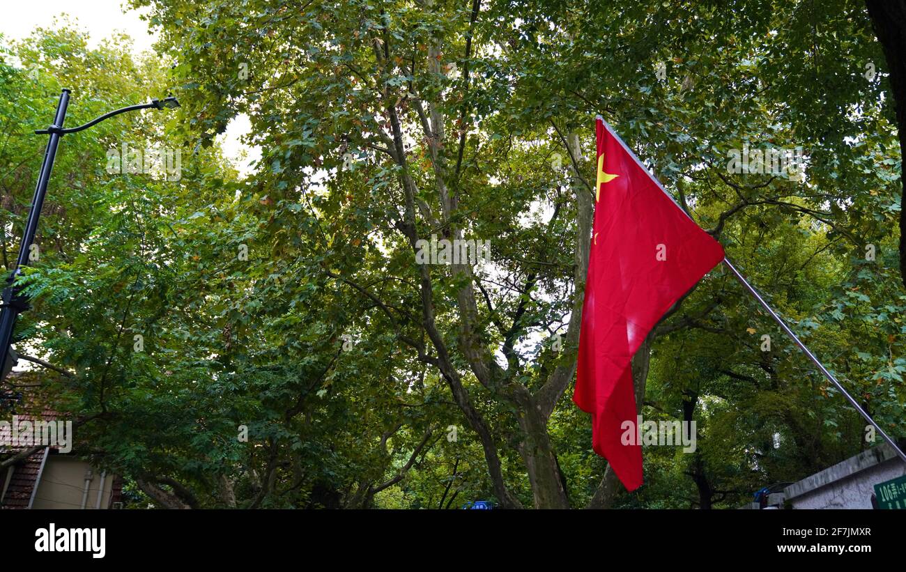 Drapeau national de Chine suspendu pour célébrer les fêtes nationales avec des arbres verts dans la ville de Shanghai. Banque D'Images