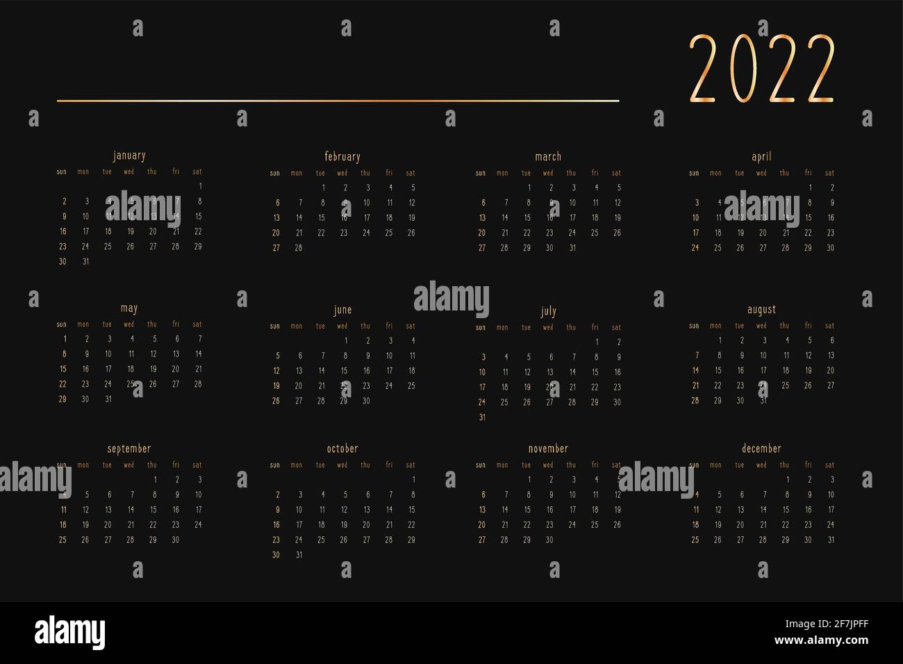 calendrier 2022 pour carnet de bord personnel, or sur noir luxueux style riche. Format horizontal paysage. La semaine commence le dimanche Illustration de Vecteur