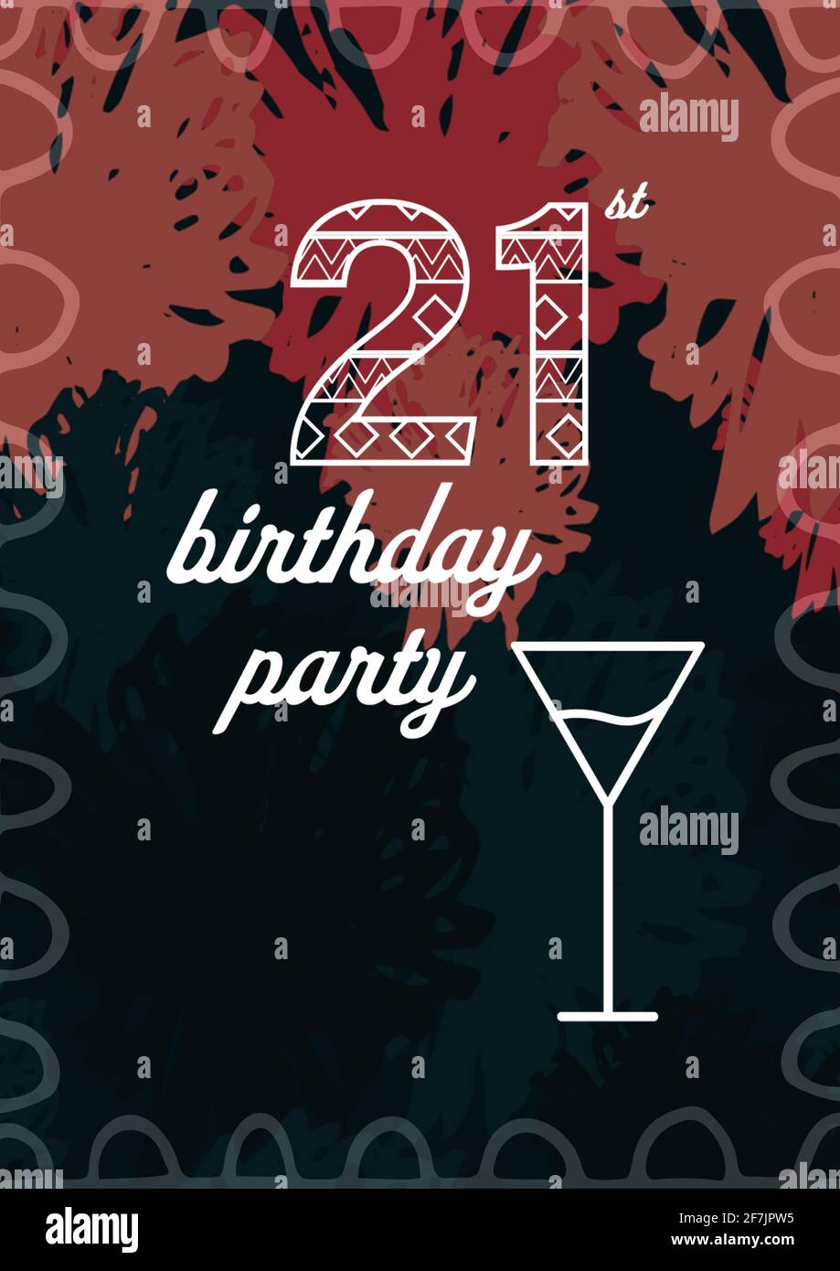 Fete Du 21eme Anniversaire Ecrite En Blanc Avec Verre Cocktail Sur Invitation Avec Fond Marron Et Noir Photo Stock Alamy