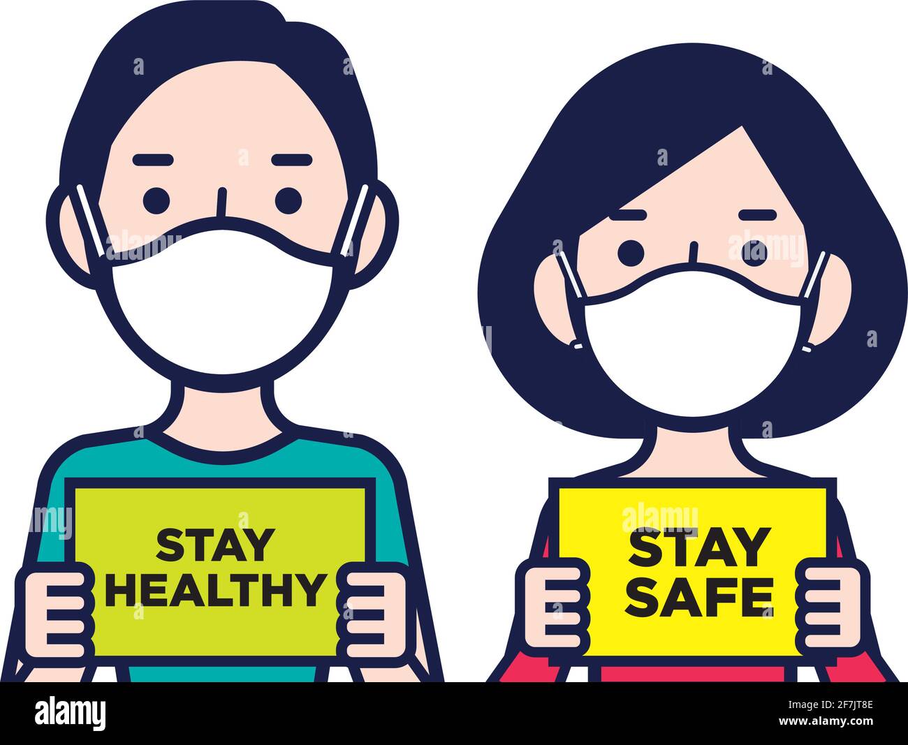 Sensibilisation du public à la maladie du coronavirus. Femme et homme portant des masques chirurgicaux protecteurs tenant un panneau indiquant rester en sécurité et rester en bonne santé - charact vecteur Illustration de Vecteur