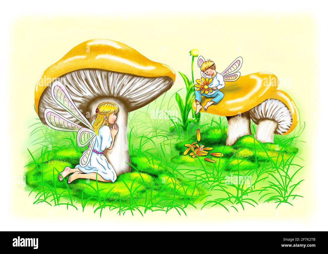 Elves nature êtres pieds nus regardant la forêt cachée derrière les champignons dans l'amour plucking fleurs jardin jardinage dans l'amour d'abord mignon beau doux Banque D'Images