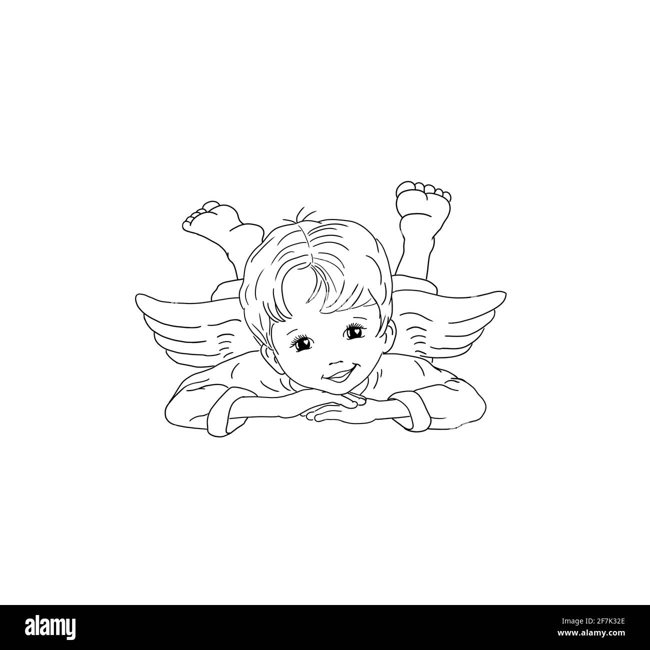 Angel mignon enfant doux bébé garçon se cache sourire riant blanc ailes plumes modèle logo design joie joyeux amour affection saint protection complémentaire Banque D'Images