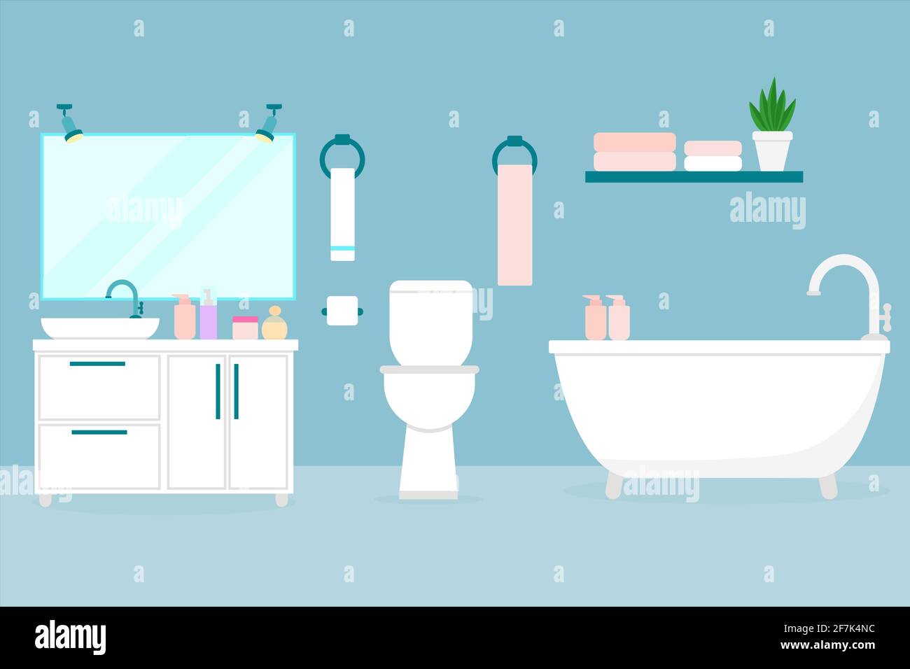 Intérieur de la salle de bains. Illustration plate d'une chambre avec toilettes, baignoire, lavabo. Salle de bains d'un appartement, maison ou hôtel. Articles ménagers pour le reste Illustration de Vecteur