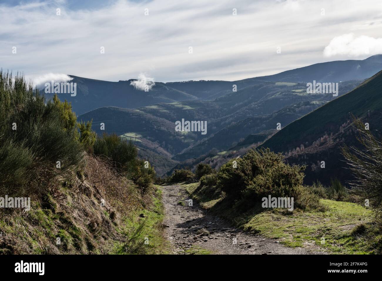 Belle vue sur le paysage depuis un chemin du Camino de Santiago, la voie française Banque D'Images