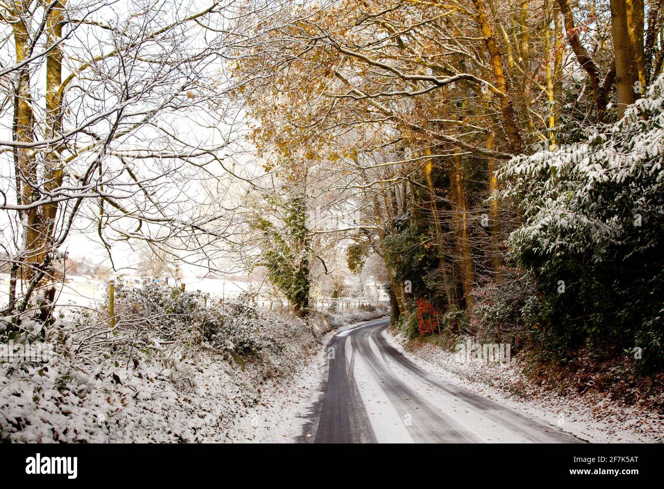 une route de campagne dans la neige par temps ensoleillé Banque D'Images