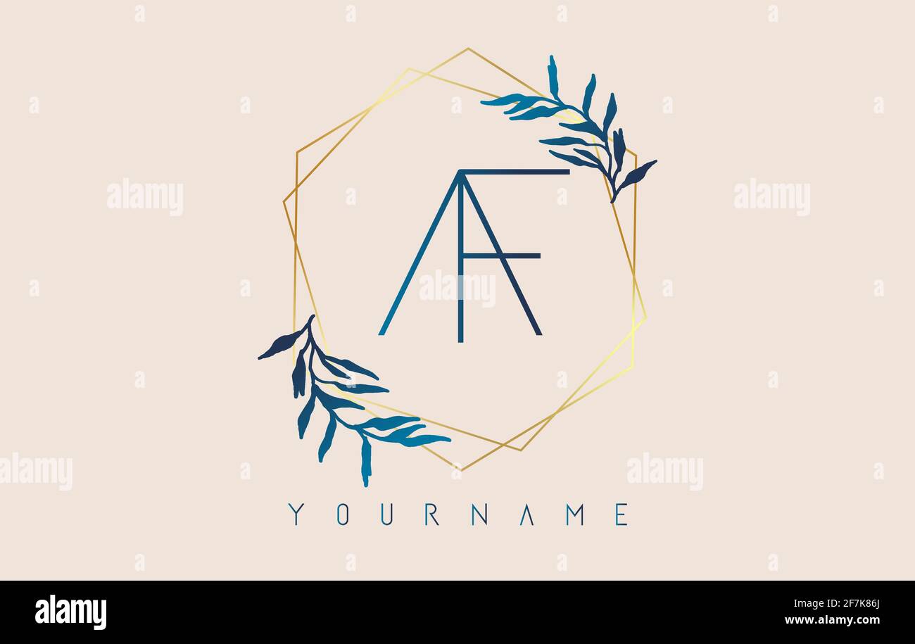 Lettres AF a f logo avec cadres de polygone doré et motif de feuilles bleu dégradé. Illustration vectorielle de luxe avec lettres A et F et feuille de dégradé bleue Illustration de Vecteur