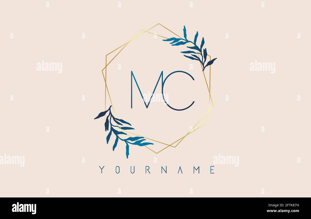Lettres MC m c logo avec cadres de polygone doré et motif de feuilles bleu dégradé. Illustration vectorielle de luxe avec lettres M et C et feuille de dégradé bleue Illustration de Vecteur