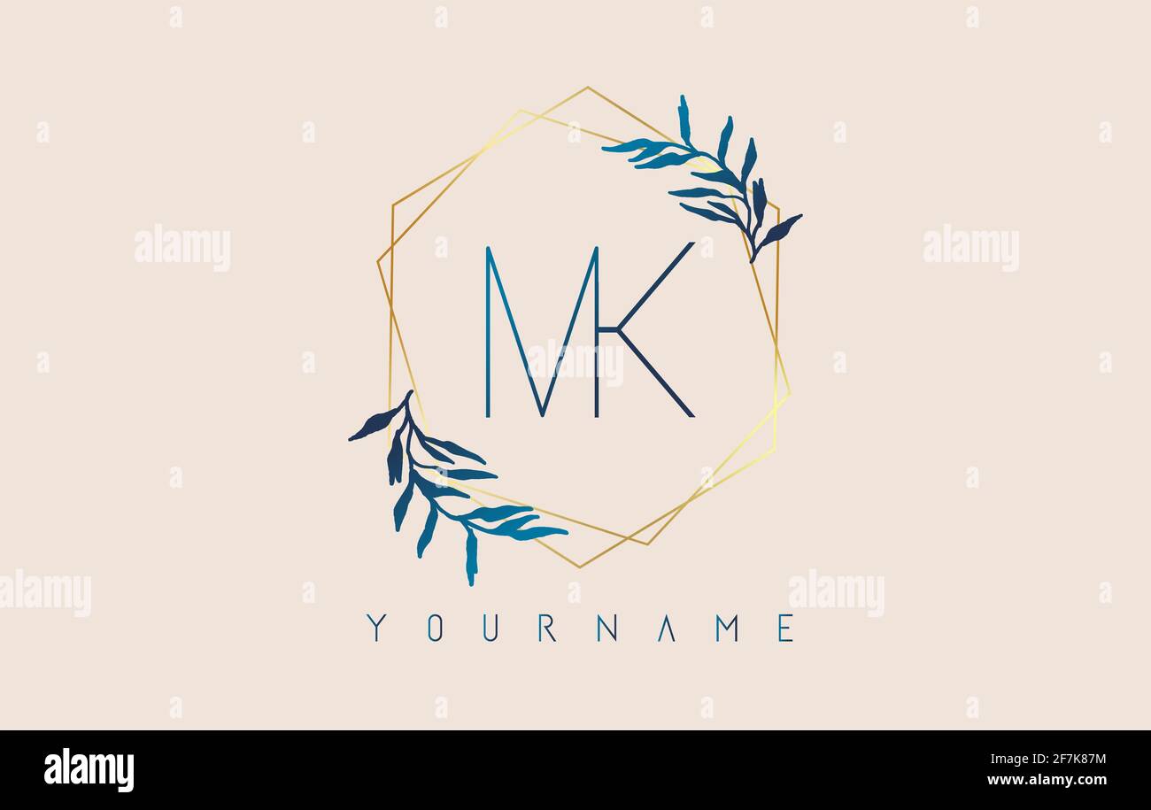 Lettres MK M K logo avec cadres de polygone doré et motif de feuilles bleu dégradé. Illustration vectorielle de luxe avec lettres m et k et feuille de dégradé bleue Illustration de Vecteur