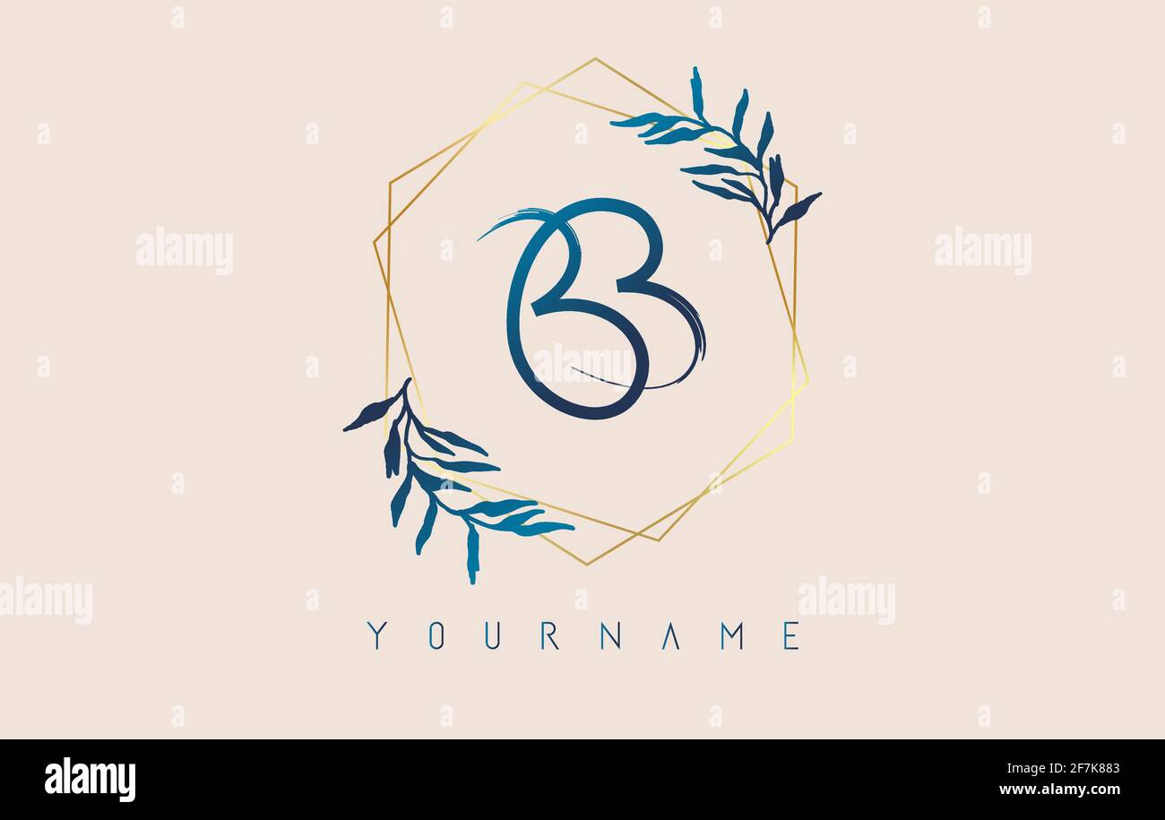 Lettres BB b logo avec cadres de polygone doré et motif de feuilles bleu dégradé. Illustration vectorielle de luxe avec lettres B et b et feuille de dégradé bleue. Illustration de Vecteur